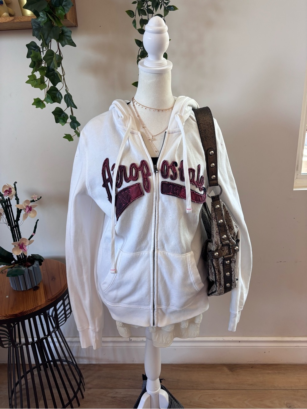 Aeropostale White Zip-Up Hoodie with Maroon Script